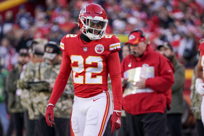 Nov 21, 2021; Kansas City, Missouri, USA; Kansas City Chiefs safety Juan Thornhill (22) on field against the Dallas Cowboys during the game at GEHA Field at Arrowhead Stadium. Mandatory Credit: Denny Medley-USA TODAY Sports